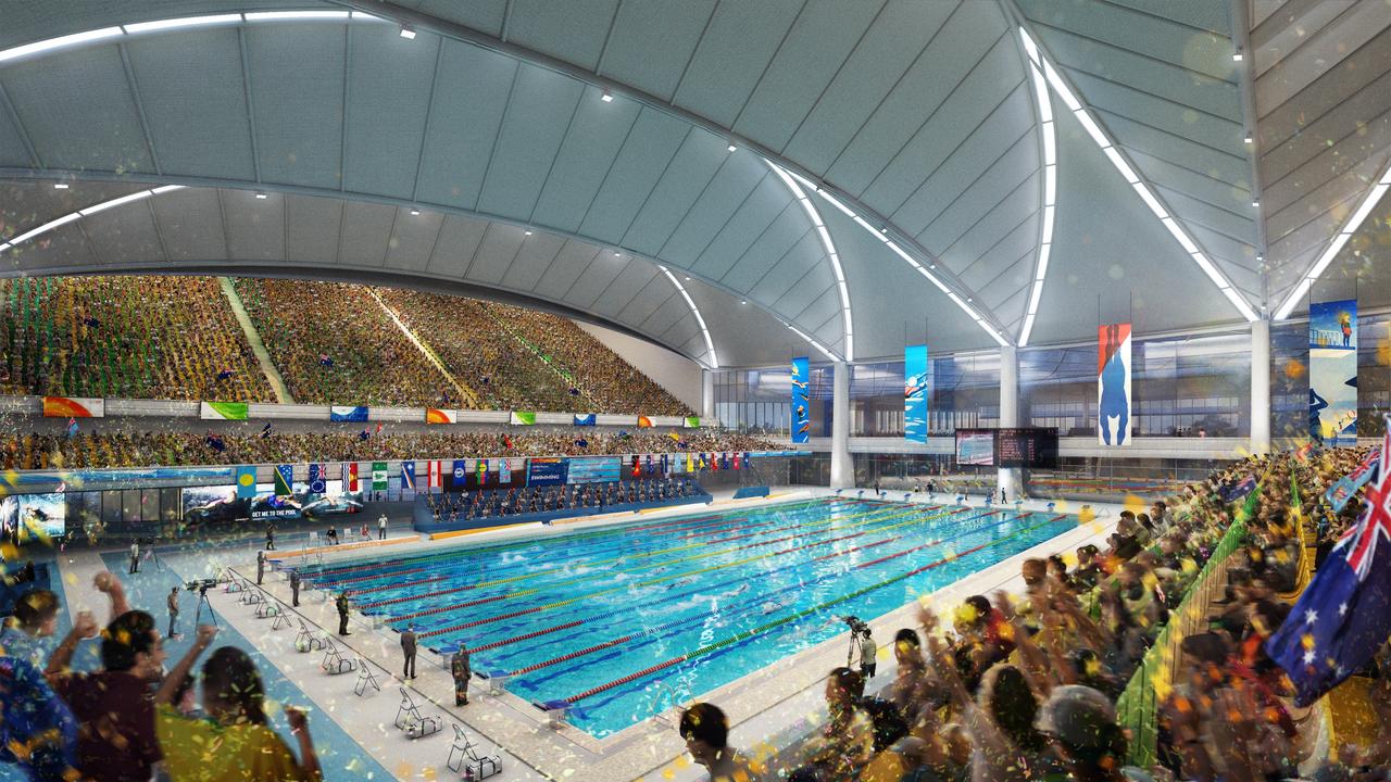 Artist impressions of the National Aquatics Centre proposed for the Brisbane 2032 Olympic Games. Credit: Archipelago Architects.