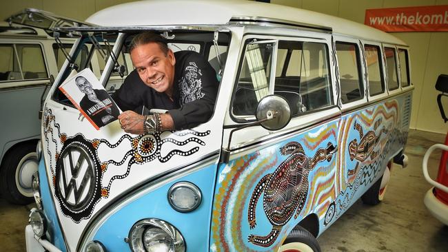 Stan Yarramunua outside his art gallery with the Kombi he’s painting and planning to auction. Picture: Tony Gough