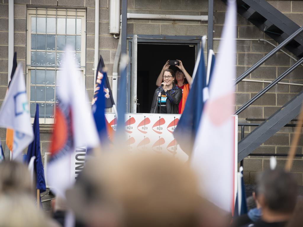 Jessica Munday, Secretary of Unions Tasmania speaks to the crowd before the annual May Day march in Hobart. Picture: RICHARD JUPE