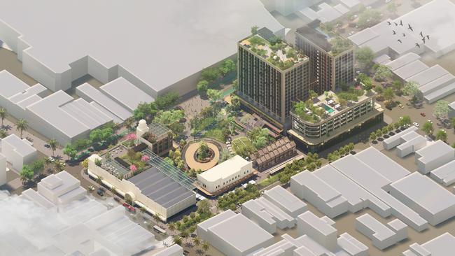 Artist’s impression of a Committee for Geelong vision for redeveloping Market Square in the Geelong CBD shows a 5000sq m green space, apartment towers with several heritage buildings retained.