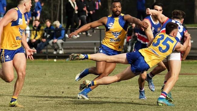 The Bulls’ Anthony Marson tackles South Croydon’s Matt Jones. Picture: Mark Hillard