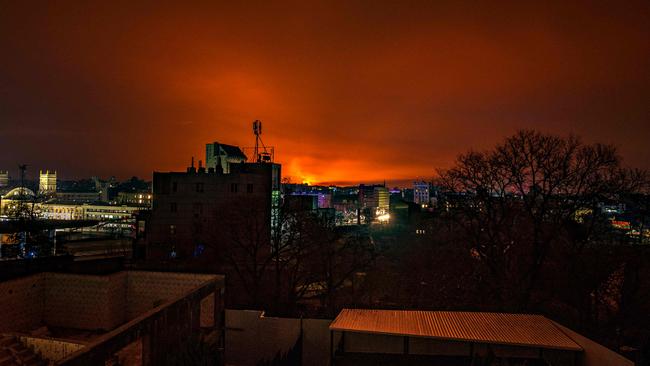 Fire and smoke lighting up the night sky, east of Kharkiv. Picture: AFP