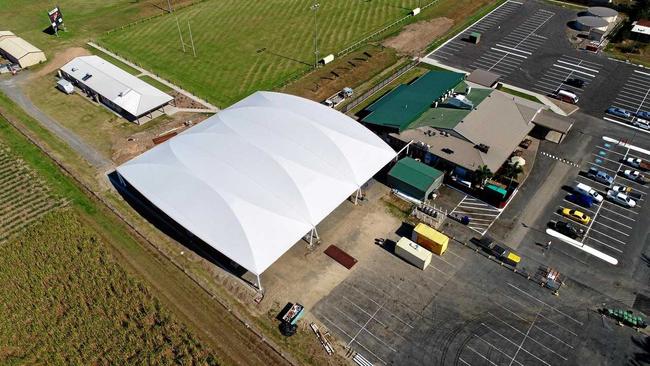 AERIAL VIEW: Drone shot of the undercover bowls green being built at Western Suburbs Rugby Leagues Club. Picture: Contributed