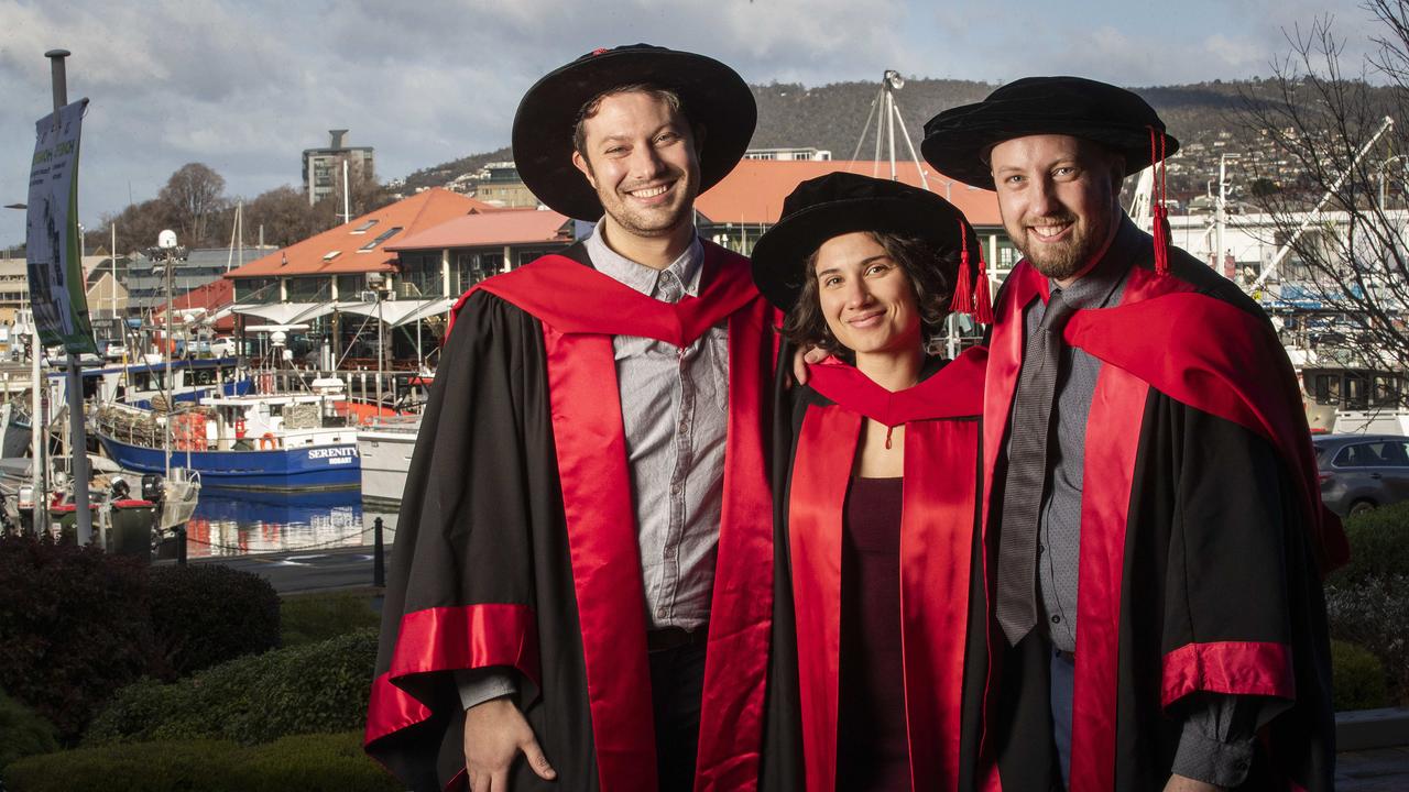 UTAS Graduation at the Hotel Grand Chancellor Hobart, Dr Lucas Hyland of Hobart, Dr Katie Vandorou of Greece and Dr Jonathan Rogers of Hobart. Picture: Chris Kidd