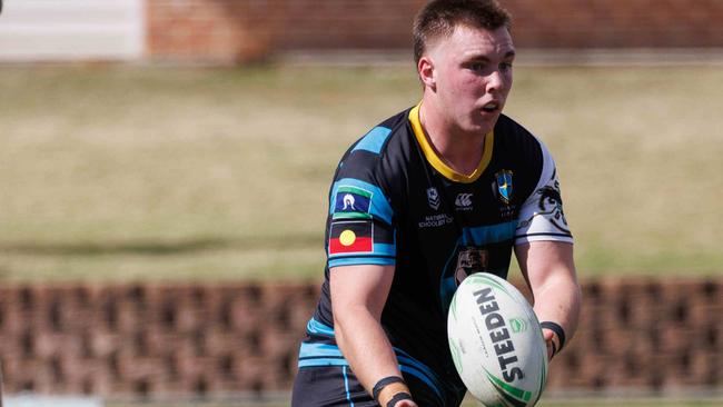 DAILY TELEGRAPH AUGUST 16, 2023Westfield Sports High (Navy/yellow) versus All SaintÃs College Maitland (blue/black) in the NRL School Boys Competition at Windsor today. Pictured is Jack Hilliar (Maitland) with the ball. Picture: David Swift.