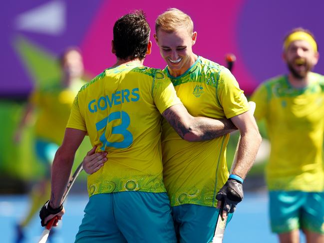 Goal machines Blake Govers and Jacob Anderson celebrate another Aussie strike. Picture: Getty Images