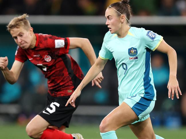 MELBOURNE, JULY 31, 2023: 2023 Fifa Womens World Cup - Australia V Canada. Caitlin Foord of the Matildas in action during the match at Melbourne Rectangular Stadium. Picture: Mark Stewart