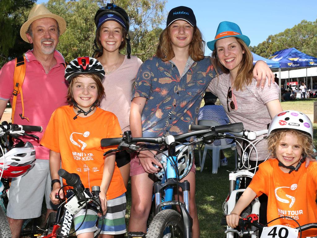  The Michele family – Tony, Hugo, 9, Bethany, 16, Noah, 14, Sophie, Arabella, 6 at the Santos TDU, Stage 4 Adelaide Street Circuit, on Sunday, January 13. Picture: AAP/Emma Brasier