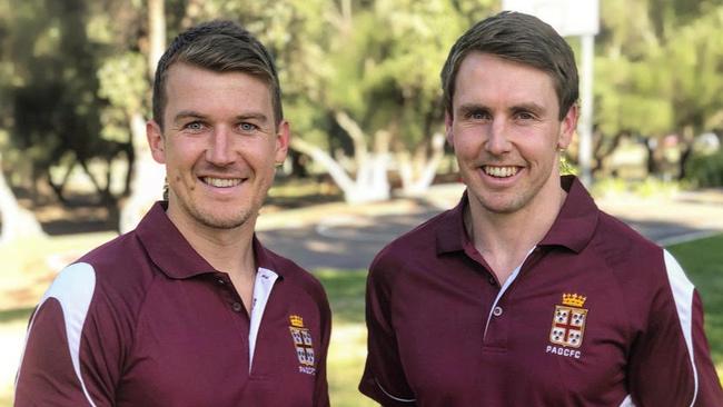 New Prince Alfred Old Collegians playing coach Craig Pitt (right) with former Melbourne and Port Adelaide player Jack Trengove (left), who will be Pitt's assistant next season.