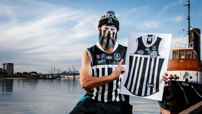 Myles Tealheart Neal with his Port Adelaide Prison Bar Gurnsey. Picture Matt Turner.