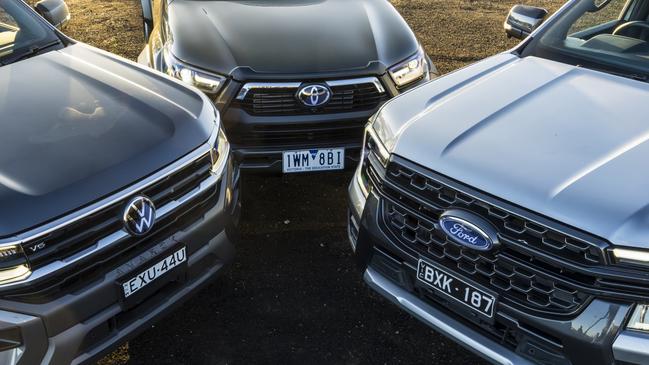 Volkswagen Amarok Pan Americana, Ford Ranger Wildtrak, Toyota HiLux Togue. Picture: Mark Bean