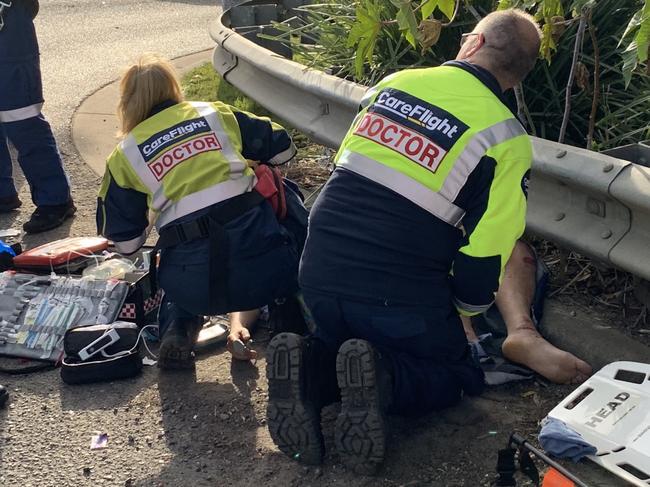 A man, 33, has been taken to hospital in a stable condition after he was injured when his motorcycle and a car collided on Wakehurst Parkway at Oxford Falls.