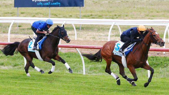 Jockey Kerrin McEvoy (R) boots Cross Counter clear of Folkswood during a trackwork session at Werribee Racecourse on Wednesday October 31, 2018. Picture: Getty Images