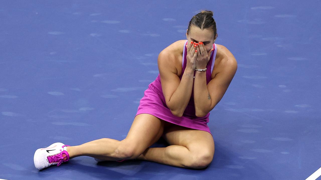 Aryna Sabalenka celebrates after defeating Jessica Pegula, (Photo by Matthew Stockman/Getty Images)