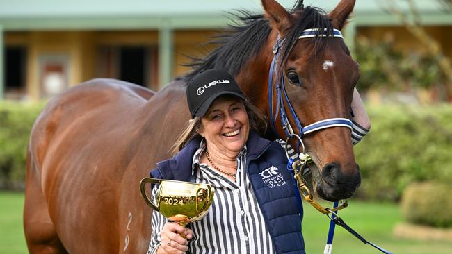 Sheila Laxon with Knight’s Choice at Macedon Lodge the day after winning the Melbourne Cup. Picture: Vince Caligiuri/Getty Images