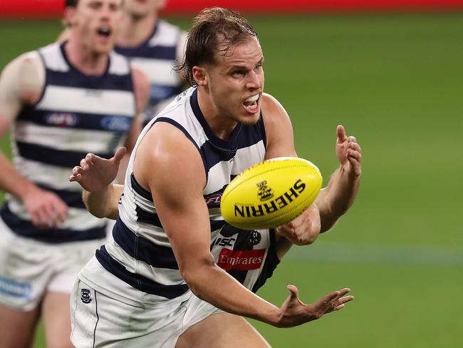 PERTH, AUSTRALIA - JULY 16: Jake Kolodjashnij of the Cats in action during the round 7 AFL match between the Geelong Cats and the Collingwood Magpies at Optus Stadium on July 16, 2020 in Perth, Australia. (Photo by Paul Kane/Getty Images)