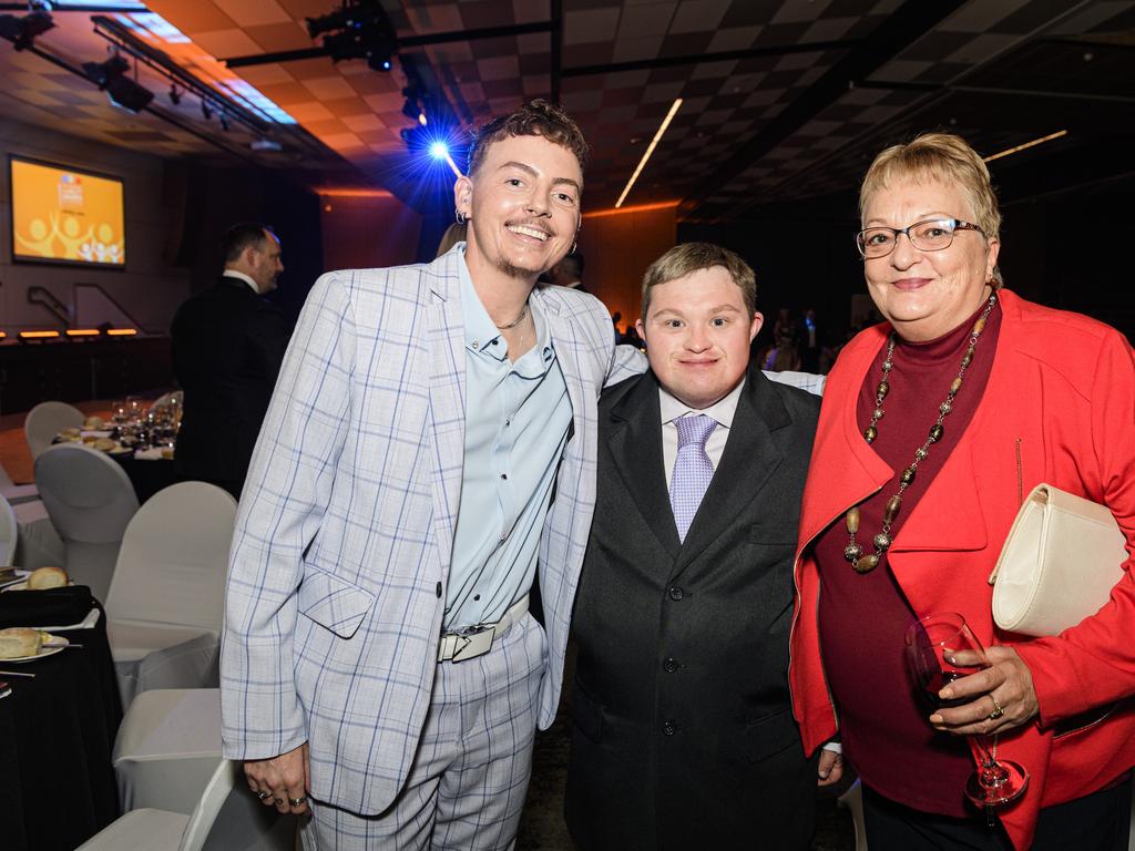 At the Business disAbility Awards of Australia are (from left) Dom Tulleken, Jye Rollins and Kathy Rollins at Edmund Rice Cultural Centre, Saturday, May 17, 2025. Picture: Kevin Farmer