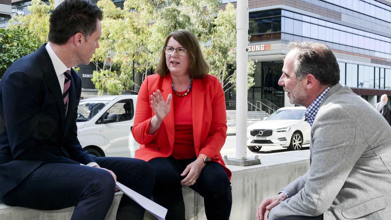 Donna Davis with Premier Chris Minns and Education Minister Jihad Dib. Picture: Monique Harmer