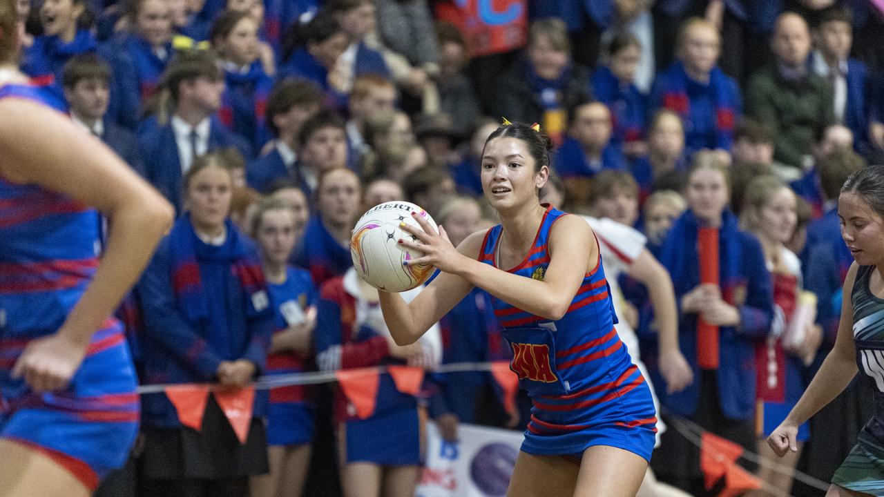 Tanahya Esler of Downlands First VII against St Ursula's Senior A in Merici-Chevalier Cup netball at Salo Centre, Friday, July 19, 2024. Picture: Kevin Farmer