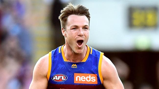 Lincoln McCarthy celebrates his matchwinner in Brisbane Lions’ thrilling victory over Geelong. Picture: Bradley Kanaris/AFL Photos via Getty Images.