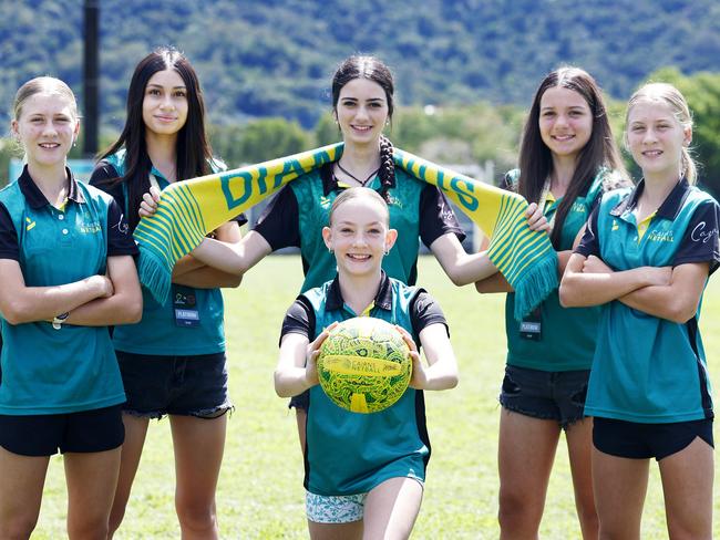 Cairns Pythons junior netball players Hayley Graham, 13, Jade Jeffries, 13, Lily Rogers, 14, Ella Rogers, 12, Ella Palmer, 11, and Bianca Graham, 13, will be cheering on the world champions Diamonds when they travel to Cairns for the first time on October 25. Picture: Brendan Radke