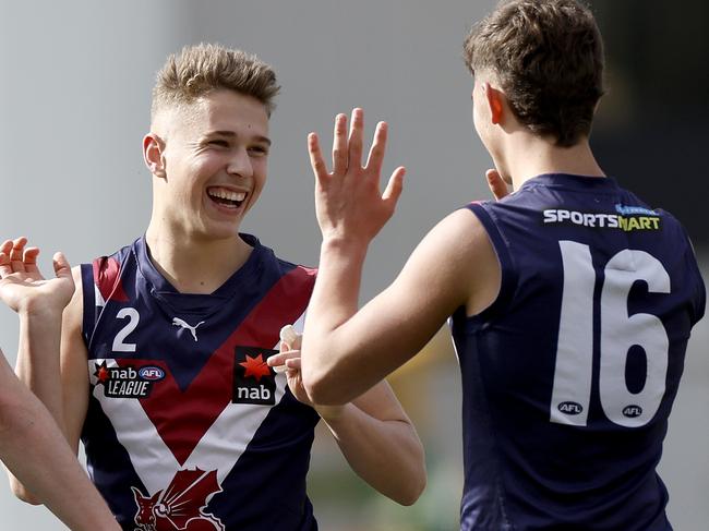 MELBOURNE, AUSTRALIA - SEPTEMBER 10: Charlie Clarke of Sandringham celebrates a goal during the NAB League Boys Preliminary Final match between Gippsland and Sandringham at ETU Stadium on September 10, 2022 in Melbourne, Australia. (Photo by Jonathan DiMaggio/AFL Photos/via Getty Images)