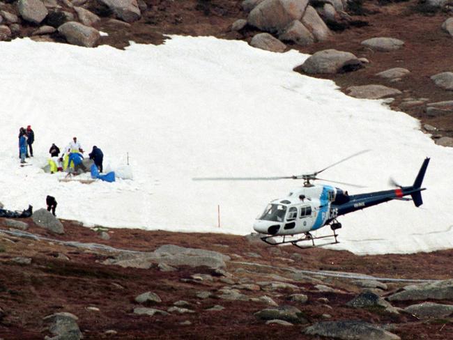 Police find belongings of missing snowboarders in the Snowy Mountains after a snow cave collapsed in 1999. Picture: Mark Evans