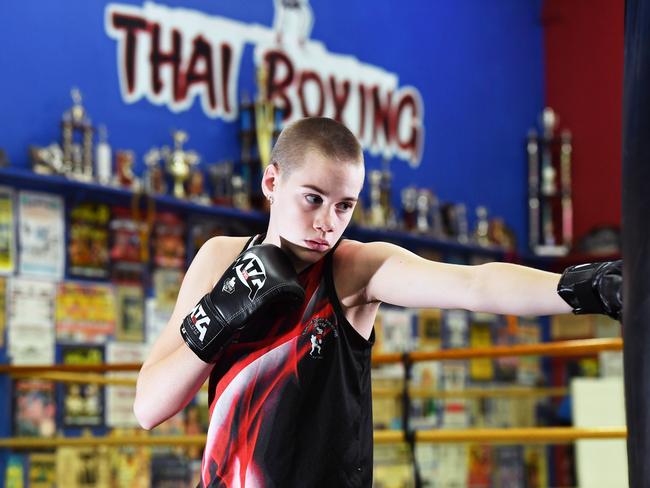 Jorja Hersey in training mode at Sunshine Coast Thai Boxing. Photo Patrick Woods / Sunshine Coast Daily.