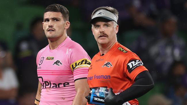 Nathan Cleary is assisted off the field. Picture: Daniel Pockett/Getty Images