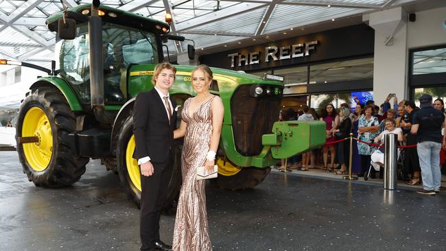 Tom Kleemann and Sophie Jonsson arrive at the Mount St Bernard College formal evening, held at the Pullman Reef Hotel Casino. Picture: Brendan Radke