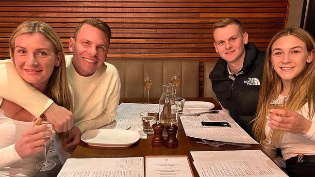 (l-r) jockeys Jamie Kah, Ben Melham, Ethan Brown and Celine Gaudry having dinner at The Rocks in Mornington on Saturday 17, before Kah went home and had a gear change. Source: Instagram