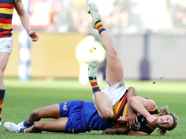 Berry’s head a split second before it crashes into the Optus Stadium turf. Picture: AFL Photos/Getty Images