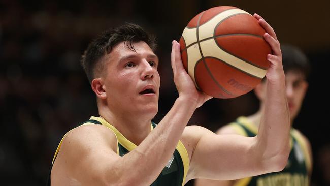 BENDIGO, AUSTRALIA - FEBRUARY 22: Dejan Vasiljevic of Australia shoots a free throw during the FIBA Asia Cup 2025 Qualifying match between Australia Boomers and Korea at Red Energy Arena on February 22, 2024 in Bendigo, Australia. (Photo by Daniel Pockett/Getty Images)