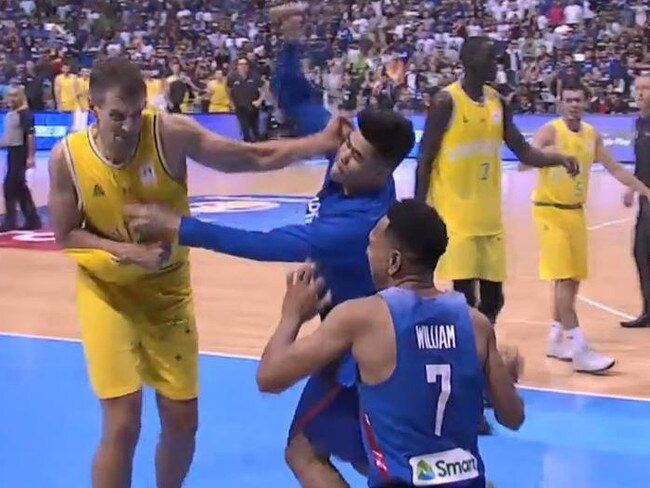 Fight breaks out between Australia and the Philippines in basketball. Picture: Fox Sports