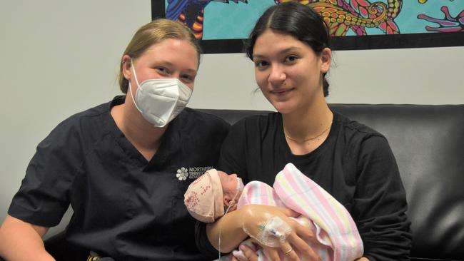 Midwife Joslin Thomas and new mum Kiara Fuller delivered a healthy baby girl at Royal Darwin Hospital on International Day of the Midwife.