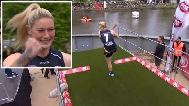 AFLW star Tayla Harris launched a 61.5m torpedo across the Yarra River.