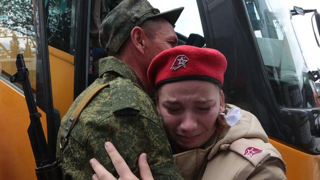 Reservists drafted during the partial mobilisation attend a departure ceremony in Sevastopol, Crimea, in September. Picture: AFP.