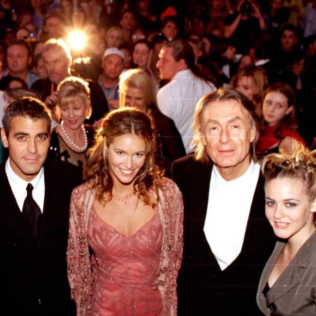 1997. Australasian premiere of film 'Batman and Robin' at Warner Bros Movie World, Gold Coast. George Clooney, Elle MacPherson, Joel Schumacher and Alicia Silverstone.