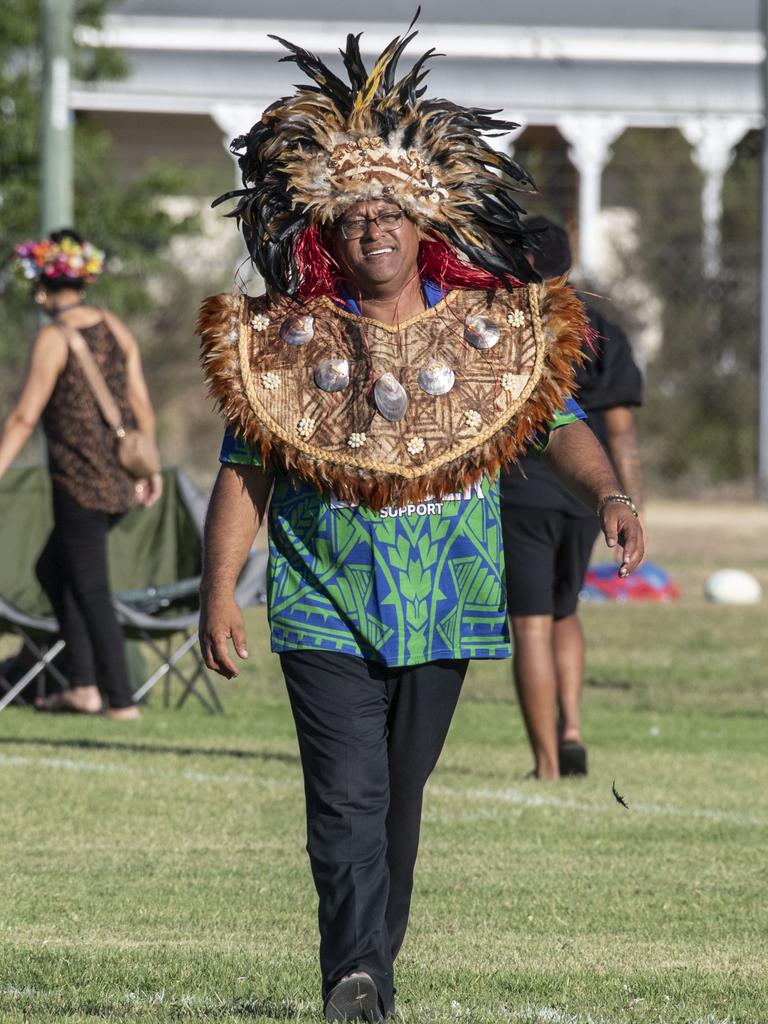 Eddie Dean wears traditional dress for Pacific nation. Under 15's boys SW Qld Emus vs Pacific Nations Toowoomba. Saturday, February 25, 2023. Picture: Nev Madsen.