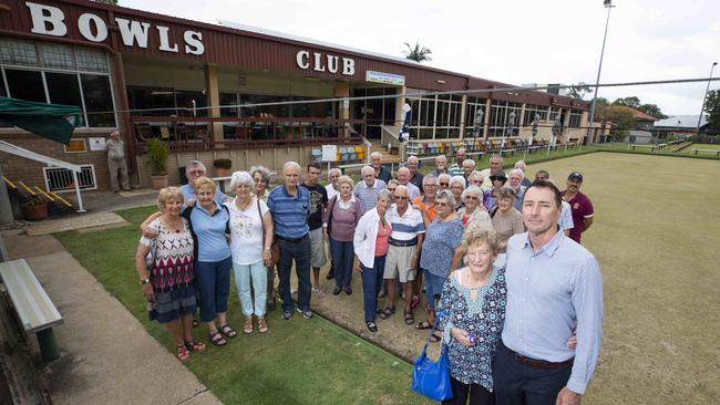 Moorooka Bowls Club has gone into voluntary administration. Councillor Steve Griffiths (front, right) after an emergency meeting at the club last month. Picture: AAP/Renae Droop