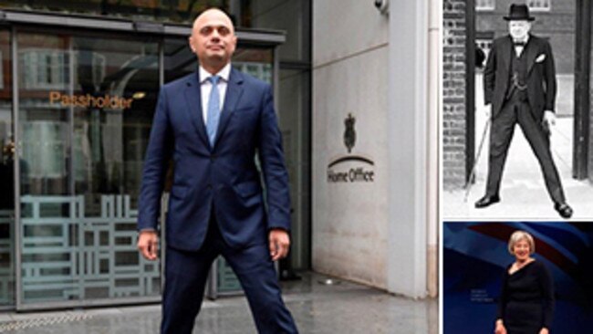 Sajid Javid, Winston Churchill and Theresa May adopt the Tory power stance.