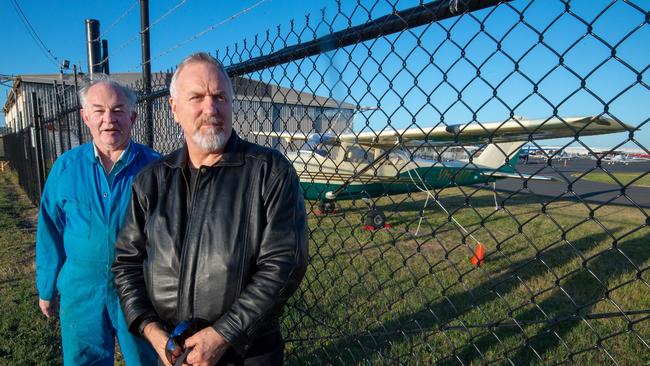 40th Anniversary of Disappearance of Fred Valentich. UFO Researcher, George Simpson and Aero Mechanic Mike Hodges (Blue overalls, who serviced Fred's Cessna 182) at Moorabbin Aerodrome. Picture: Jay Town