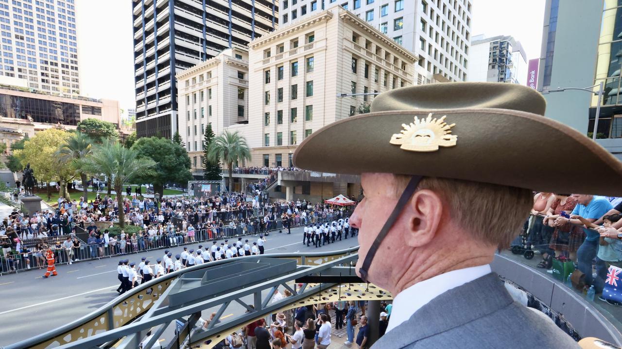Thousands gather for Brisbane's Anzac Day parade through Brisbane. Picture: Liam Kidston