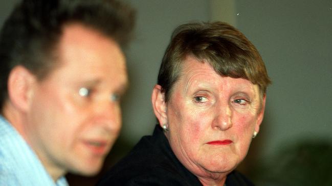 Opera and festival director and former artistic director of Adelaide Festival Peter Sellars with Adelaide Festival chief executive artistic director Sue Nattrass (r) during media conference at Hilton Hotel in Adelaide 18 Feb 2002.