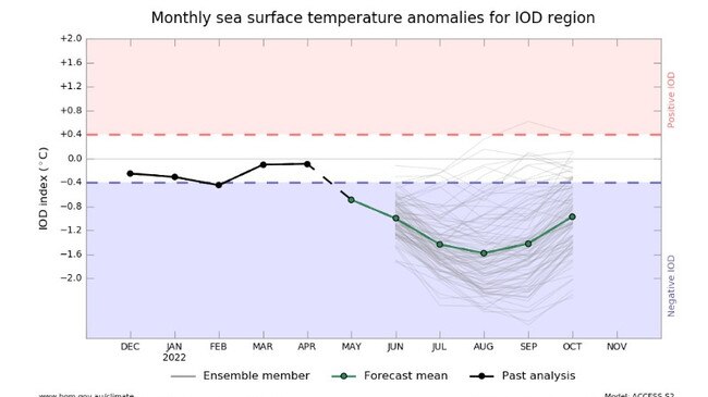 Indian Ocean Dipole forecast. Picture: Bureau of Meteorology.