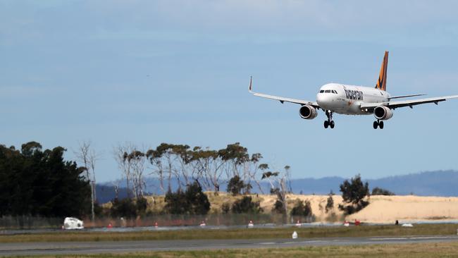 First Tigerair plane direct from Gold Coast to Hobart comes into land at Hobart Airport. Picture: SAM ROSEWARNE.