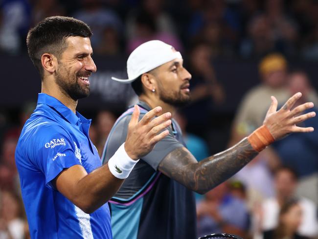 Novak Djokovic and Nick Kyrgios out on a show in Brisbane. Picture: Chris Hyde/Getty Images