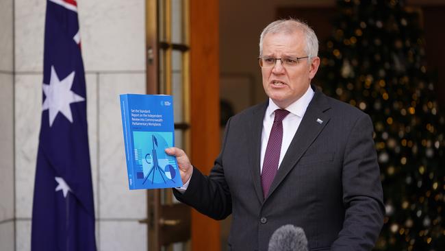 Prime Minister Scott Morrison holds a press conference after the Jenkins Review into sexual discrimination at parliament. Picture: Adam Taylor