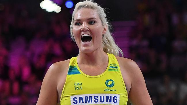 Gretel Tippet of the Diamonds reacts after scoring a goal during the Fast5 Netball World Series match between Australia and New Zealand. Picture: AAP Image/Julian Smith.