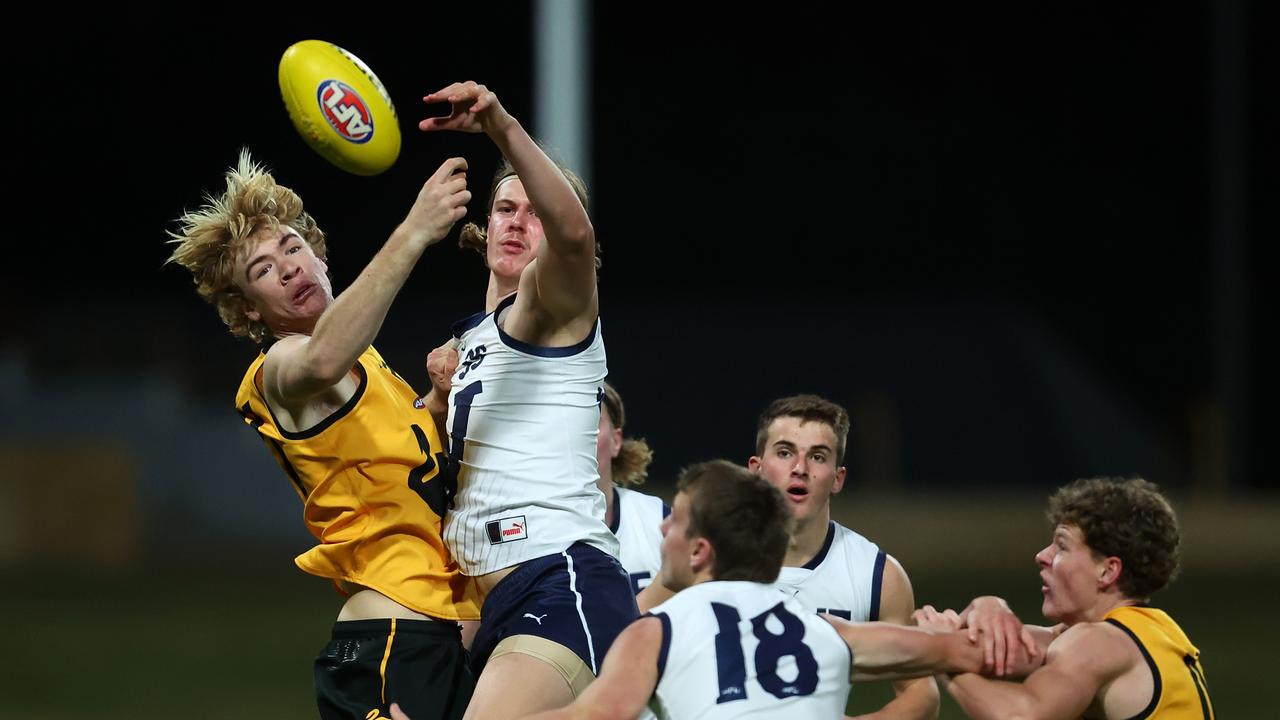 Joe Pike competes in the ruck for Vic Country. Picture: Getty Images